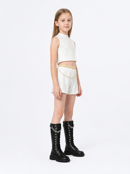 White Children's Set: Top and Shorts with Gold Waistband side view