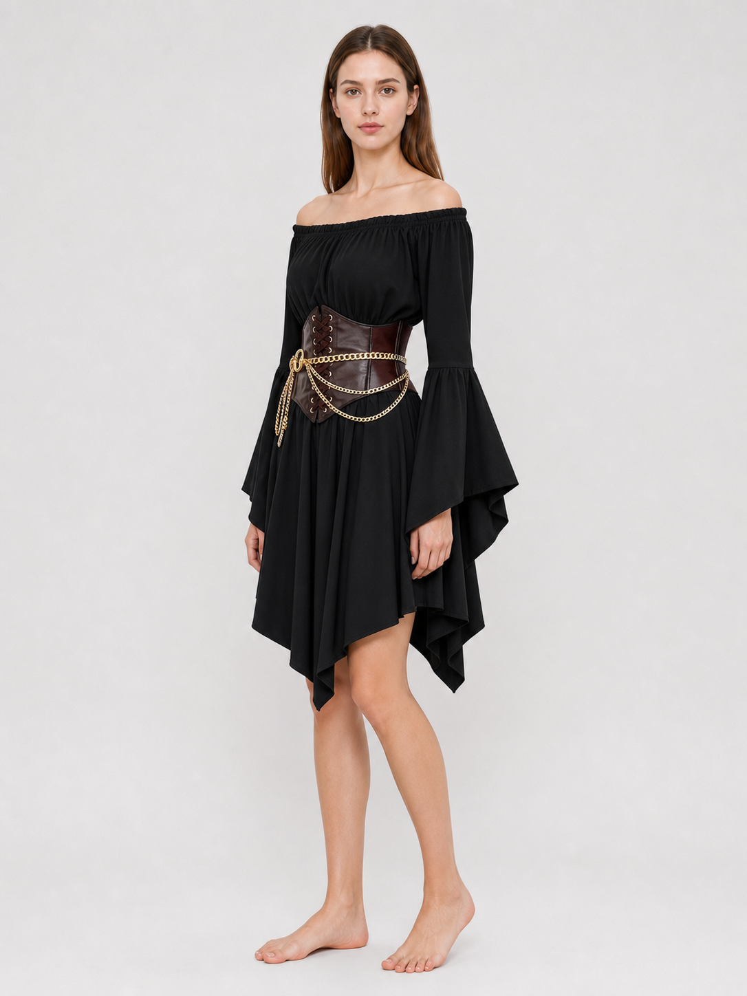 Dress with Belt, Flared Sleeves, and Asymmetrical Hem