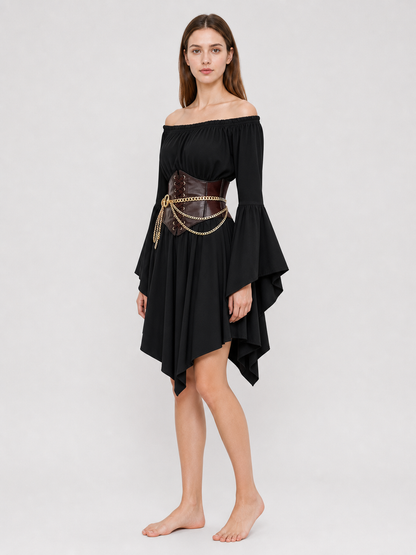 Dress with Belt, Flared Sleeves, and Asymmetrical Hem