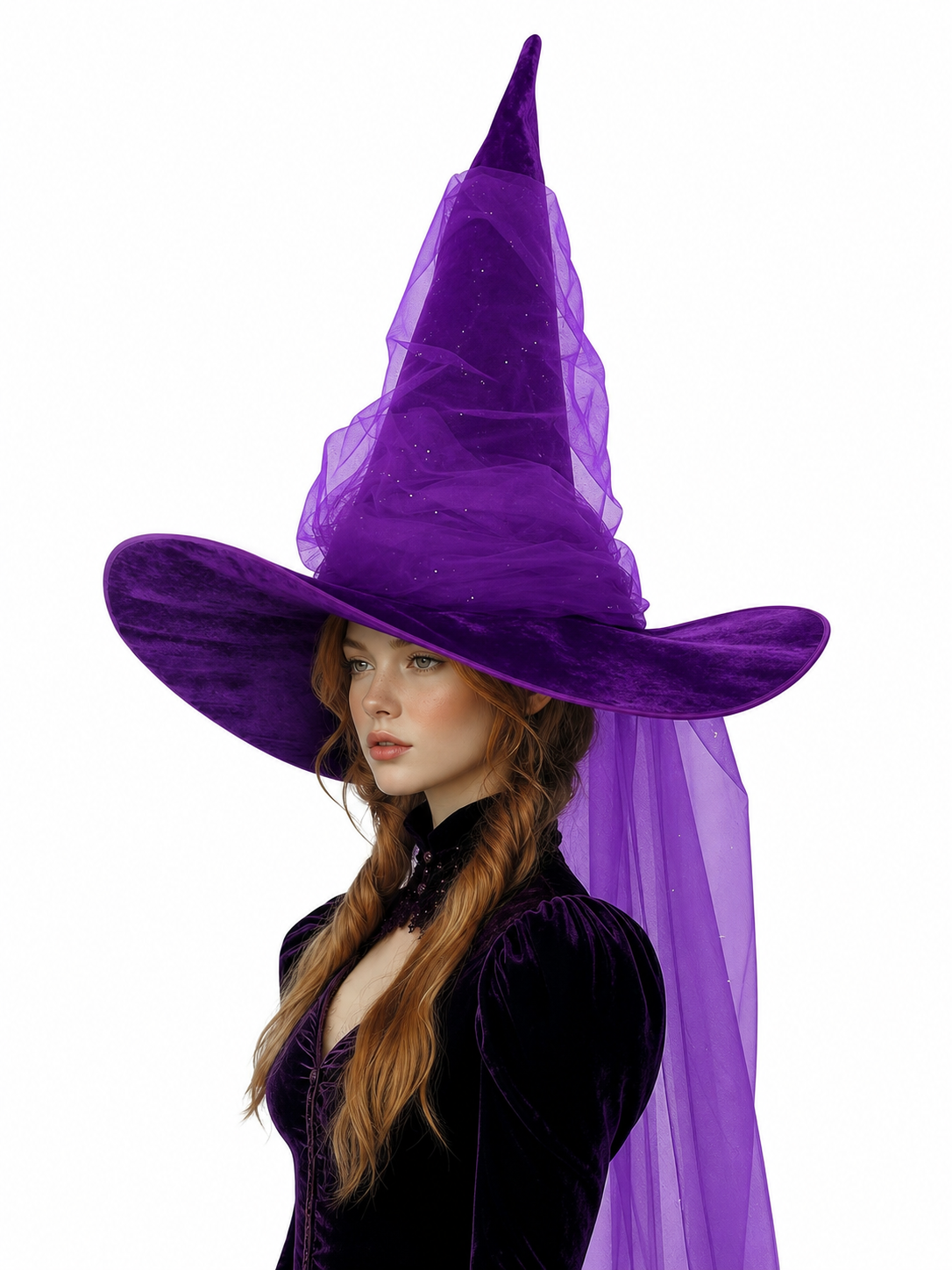 Purple Halloween Witch Hat for Women and Men, Tall Pointed Wide Floppy Brim with Layered Sheer Mesh Draping and Glitter-Like Specks for Cosplay Costume Party
