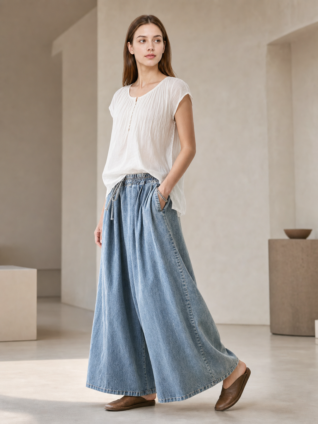 Light Blue Palazzo Pants with an Elastic Waist side view 2