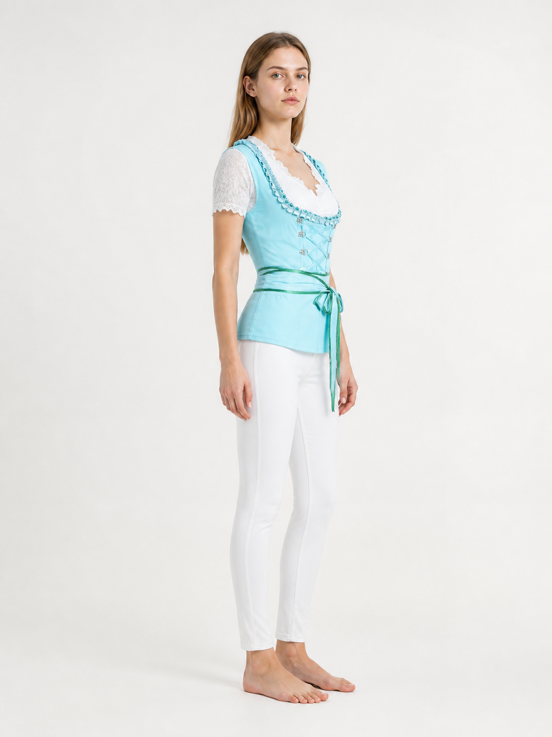 Lace Blouse with Crisscross Ties and Waist Tie for Oktoberfest side view