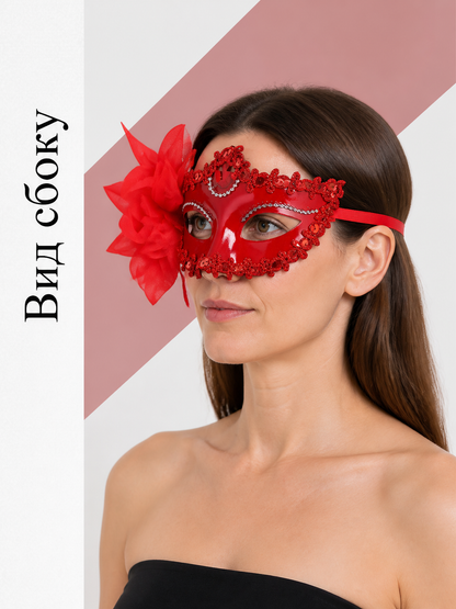 Red Carnival Mask with Flowers for Halloween and Cosplay side view