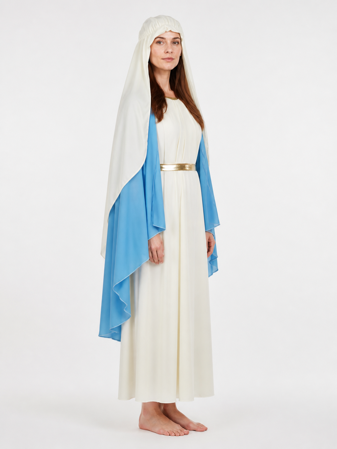Long Hooded Robe, Blue Capes, Gold Belt side view