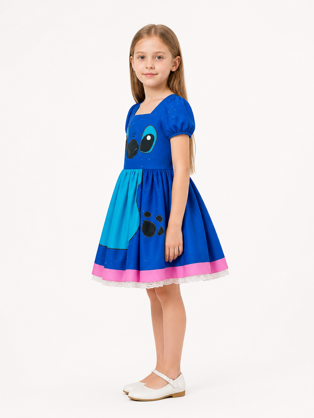 Blue Dress with Cartoon Character and Apron side view