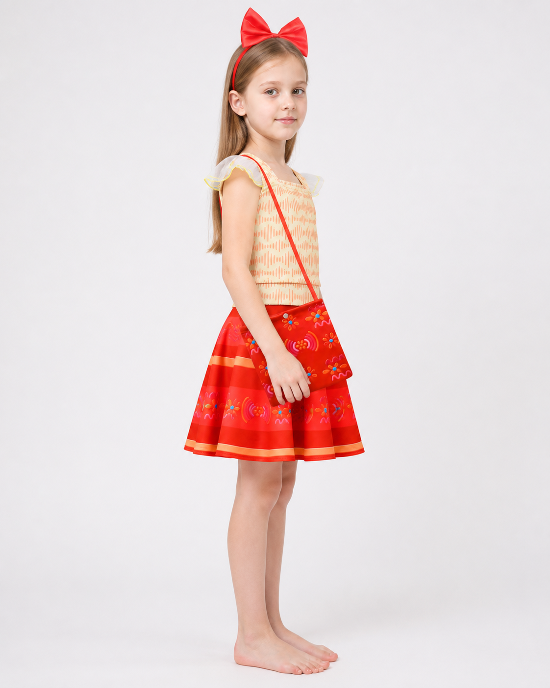 Children's Mirabel Costume with Dress, Bow, and Handbag side view
