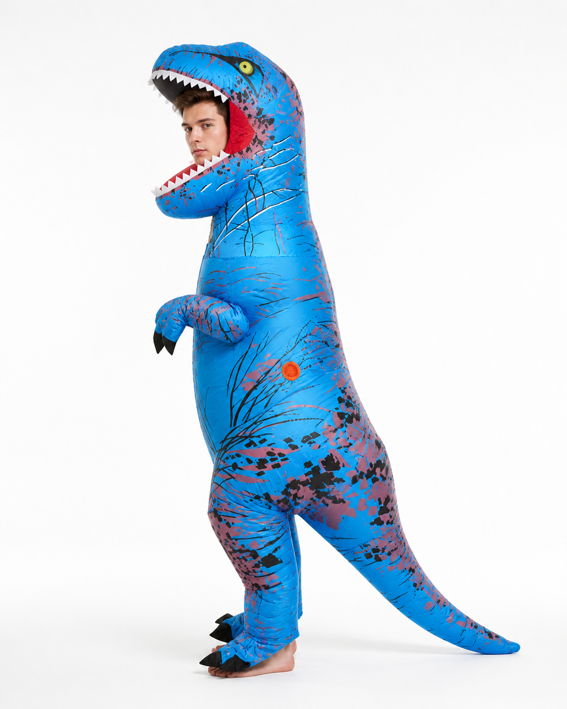 Blue Dinosaur Costume with Open Mouth and Long Tail side view