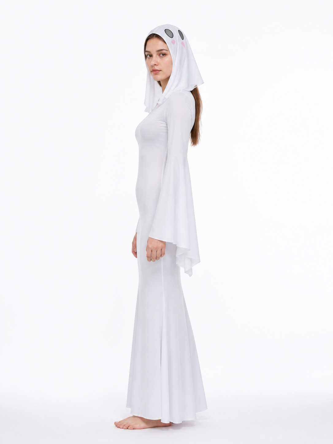 White Hooded Jumpsuit with Ghost Face Print side view