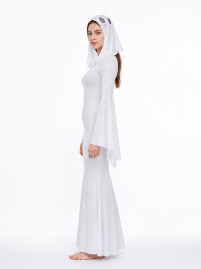 White Hooded Jumpsuit with Ghost Face Print side view