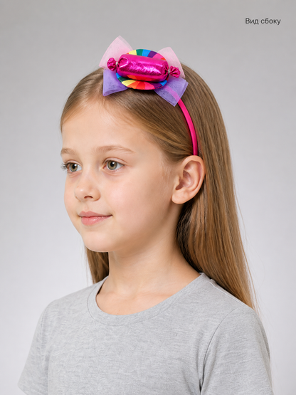 Rainbow Carnival Headband with Candy Decorations and Bow side view