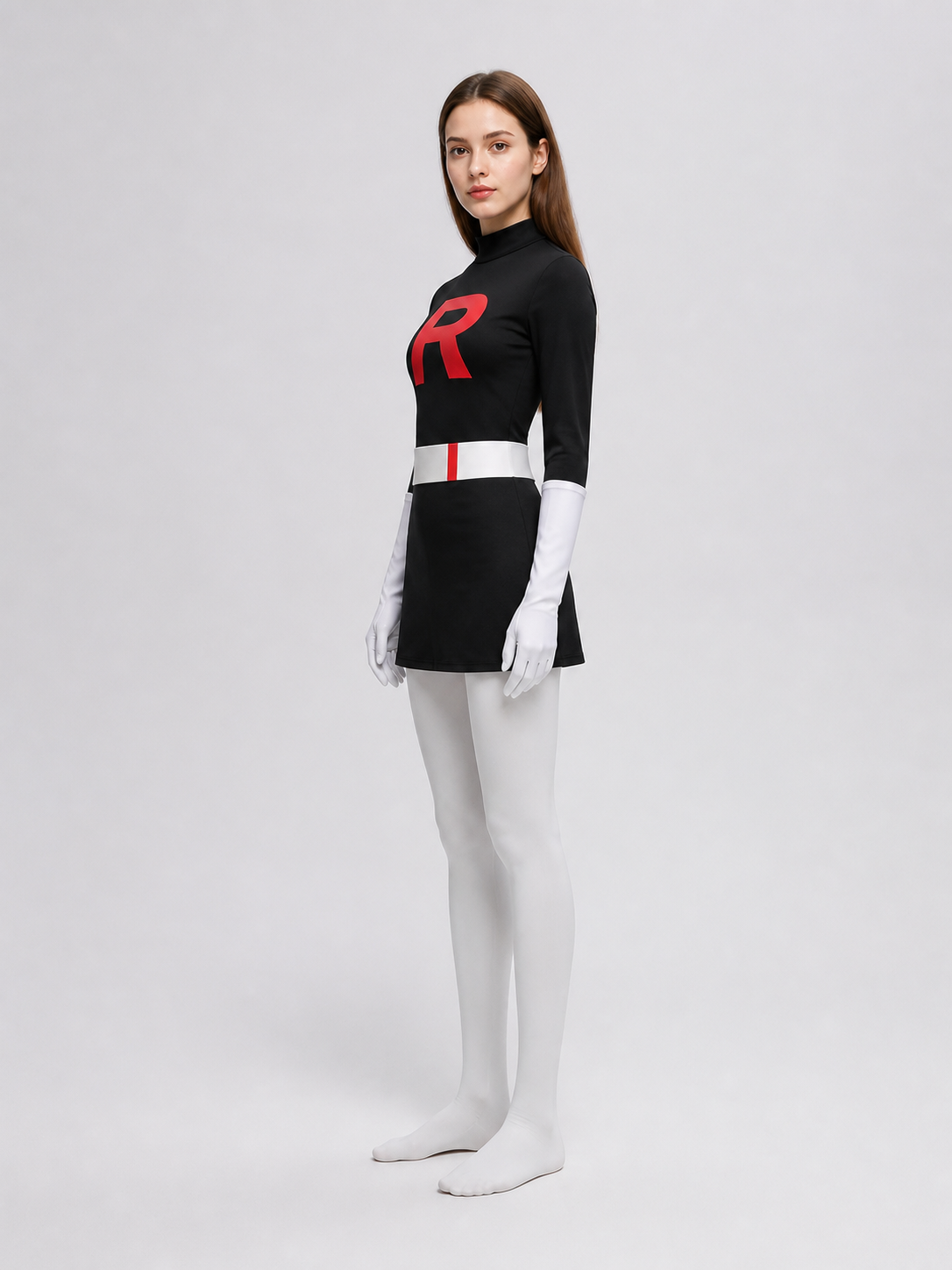 Black Cosplay Dress with a High Collar and the Letter R side view