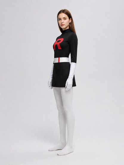 Black Cosplay Dress with a High Collar and the Letter R side view