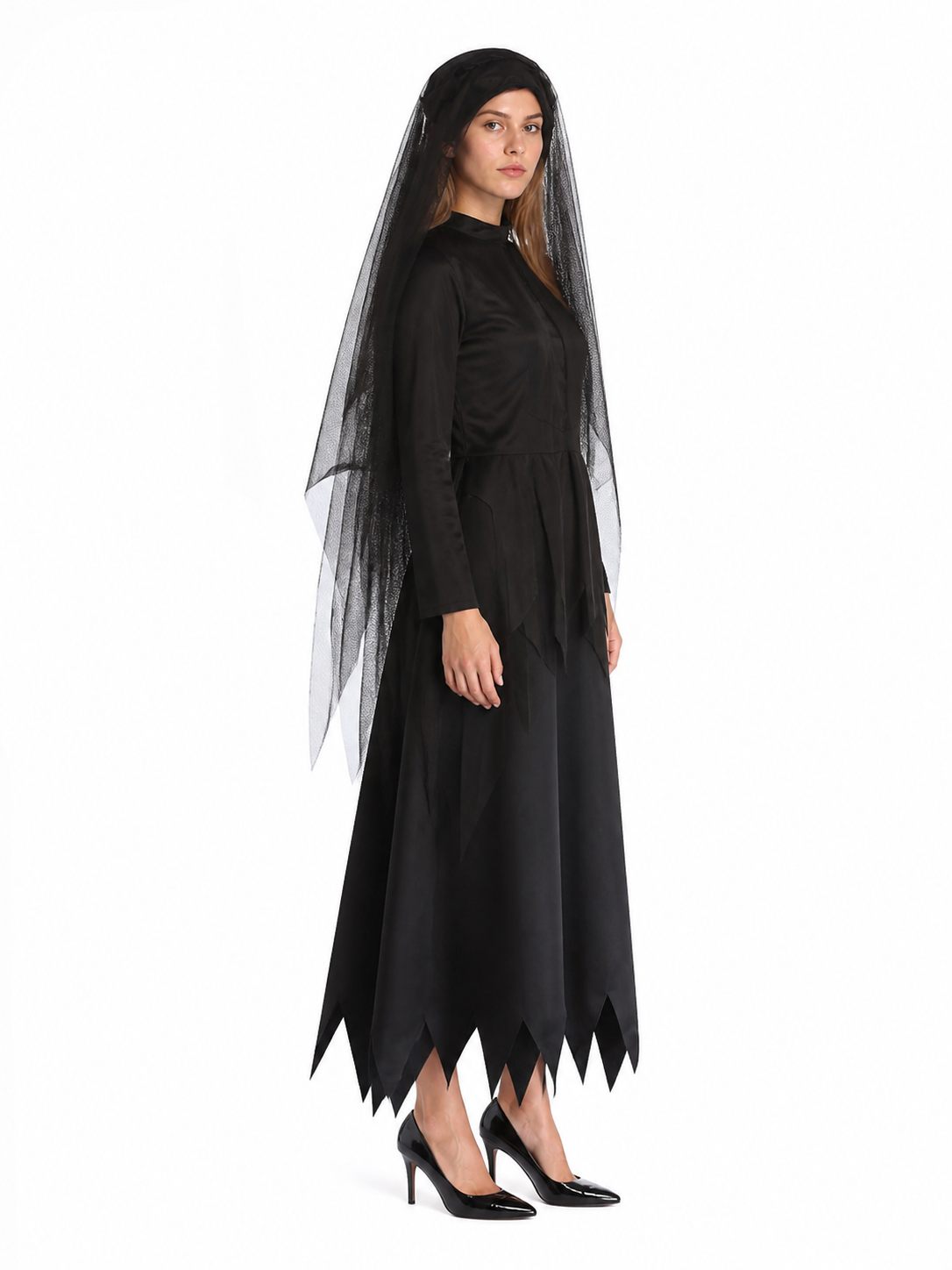 Black Long Hooded Cape with Torn Hem side view