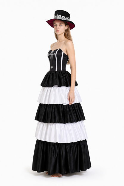 Gothic-Style Dress with Layered Skirt and Hat side view