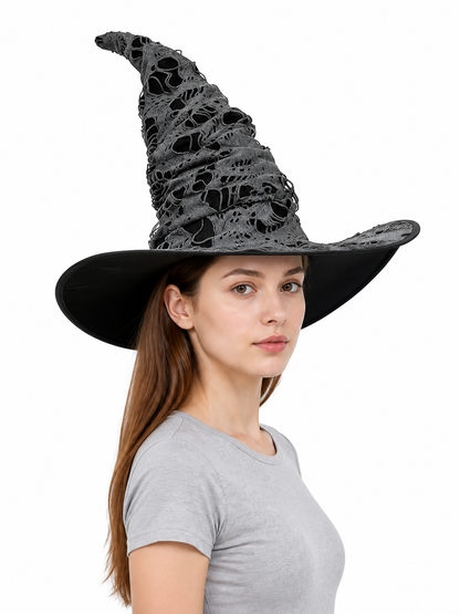 Gray Black Halloween Witch Hat For Women Wide Brim Curved Pointed Tattered Torn