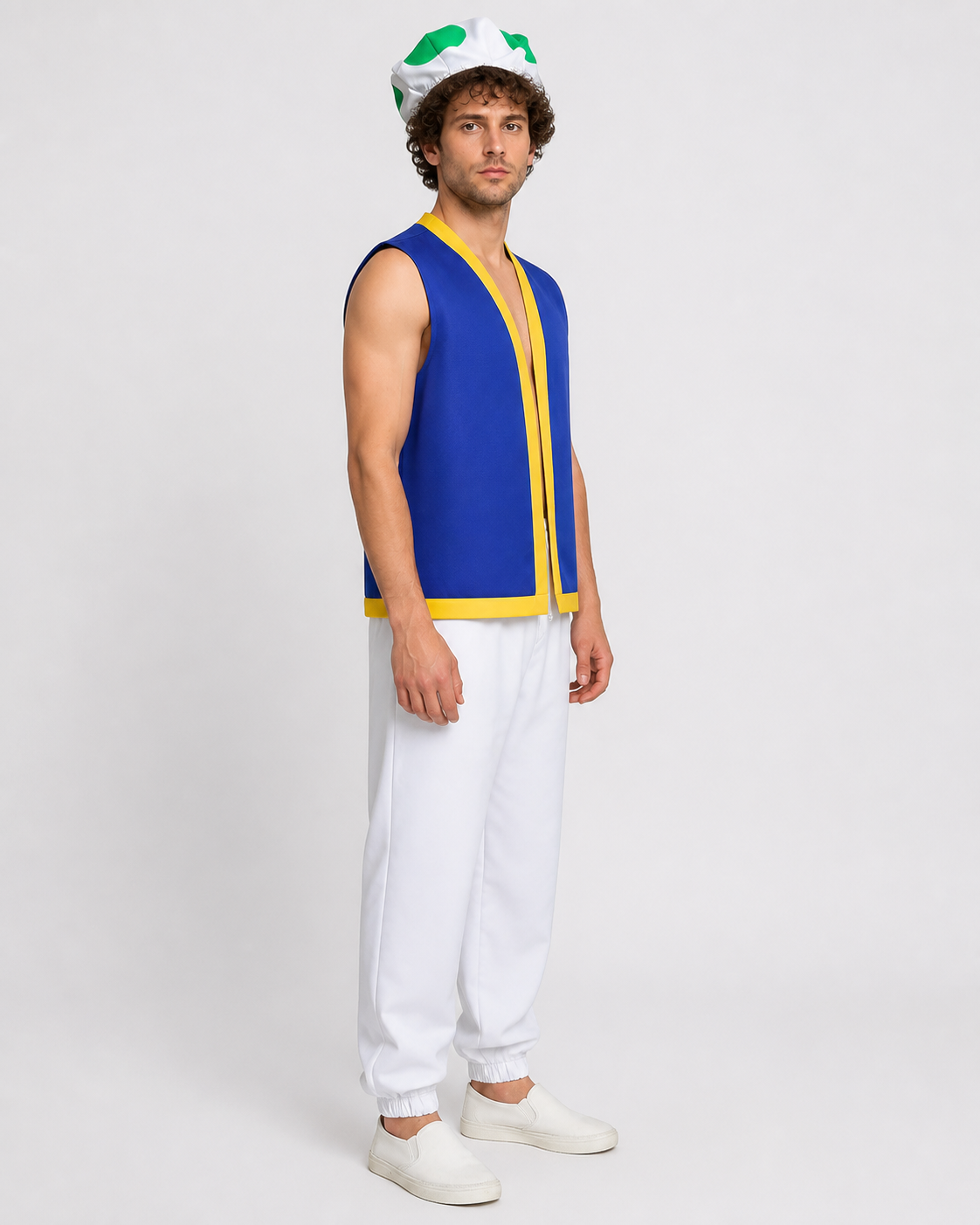 Toad Costume with Blue Vest and White Pants for Halloween side view
