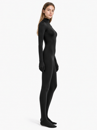 Form-fitting black jumpsuit with covered hands and feet side view