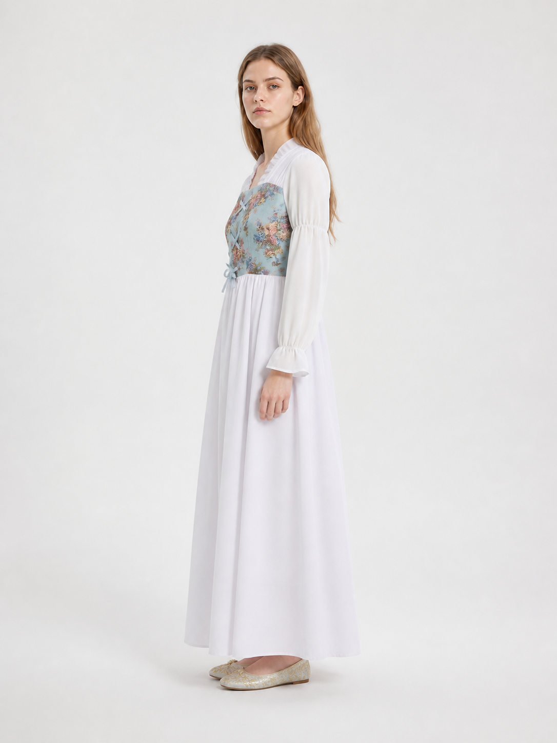 Long Retro Dress with Floral Print and Corset side view
