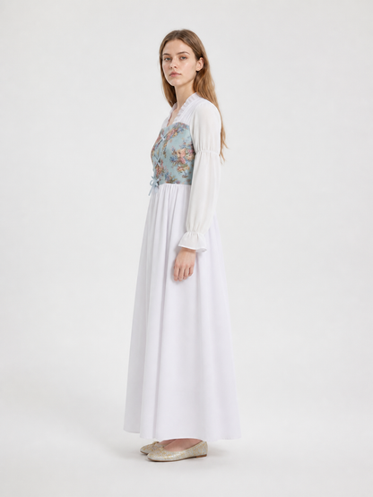 Long Retro Dress with Floral Print and Corset side view