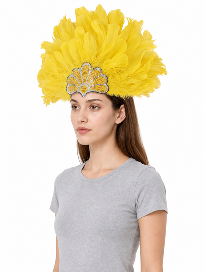 Yellow Carnival Headpiece with Gold Fan side view 2