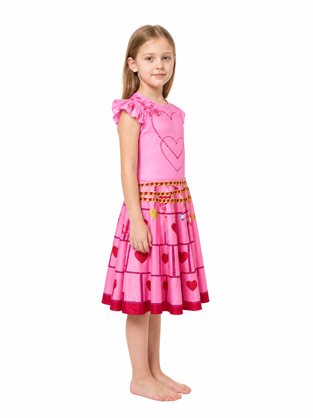 Pink Children's Red Queen Dress with Hearts side view