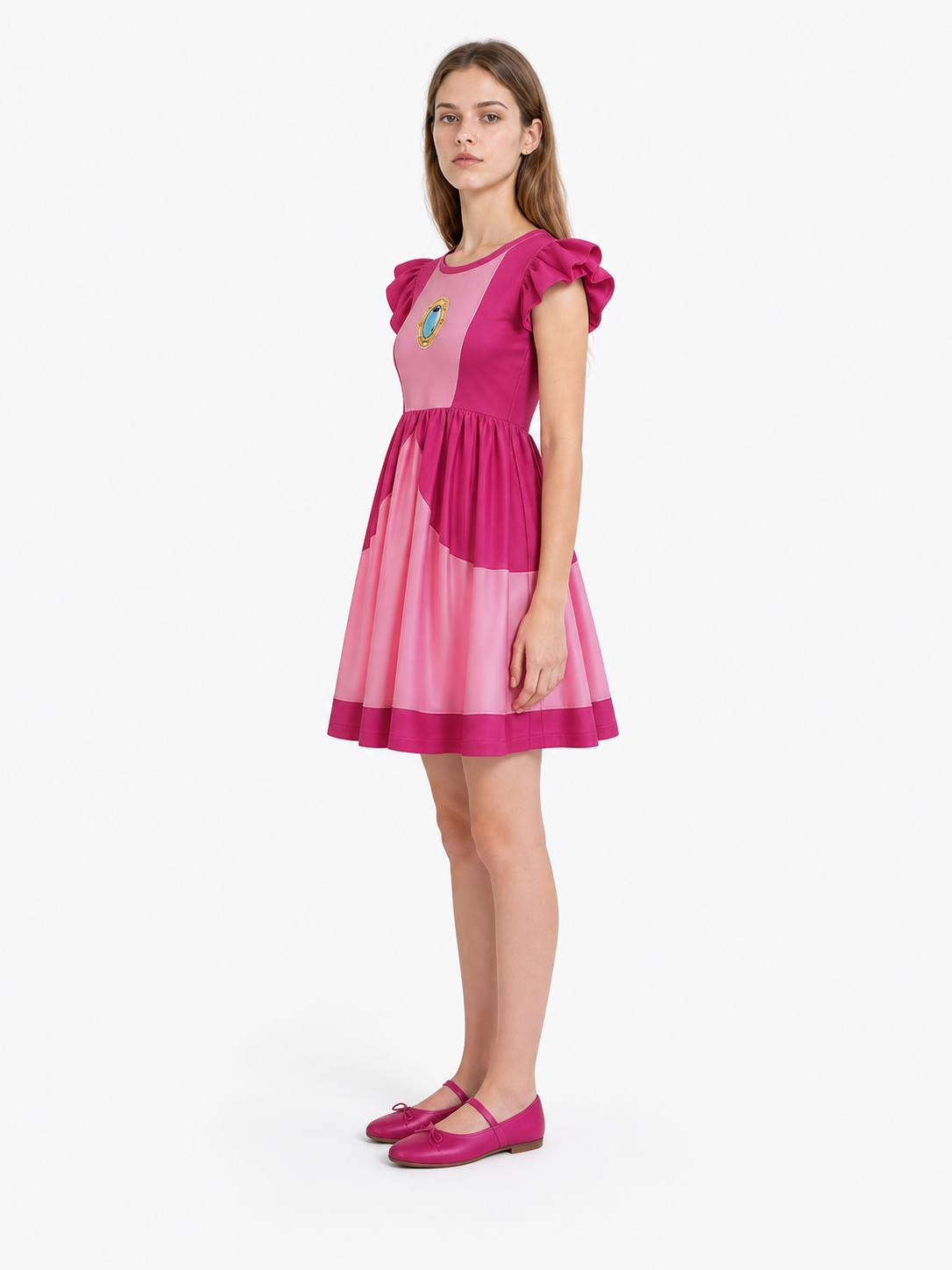Rosalina Dress with Emblem, Short Sleeves side view