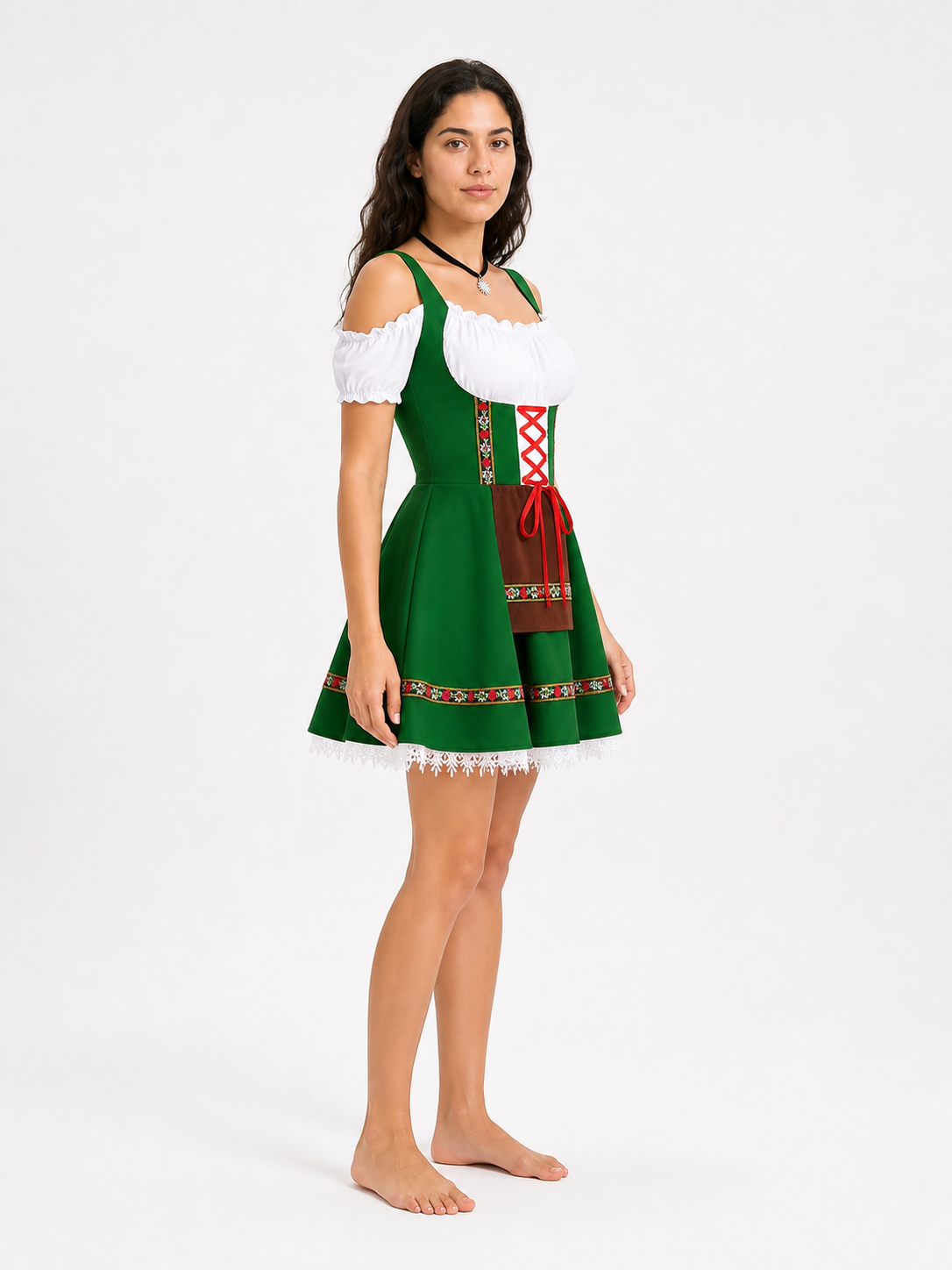 Strappy sundress with a corset-style bodice, apron, and ruffles side view