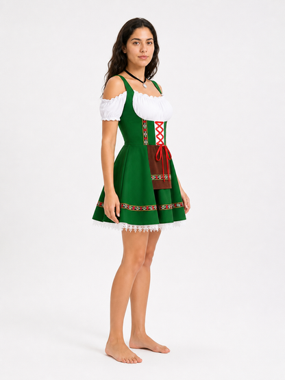 Strappy sundress with a corset-style bodice, apron, and ruffles side view