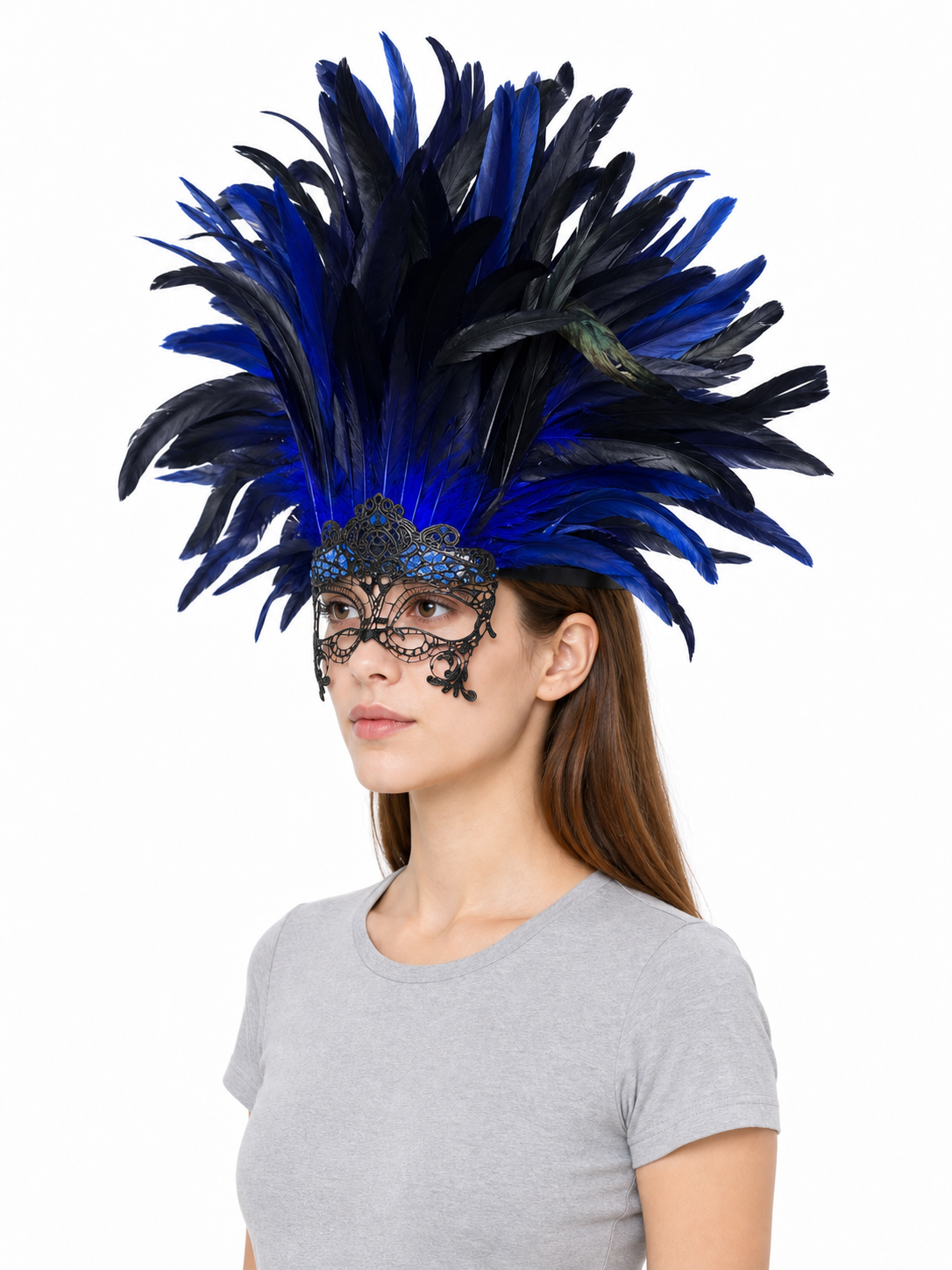Carnival Headpiece with Blue-and-Black Feathers and Mask side view