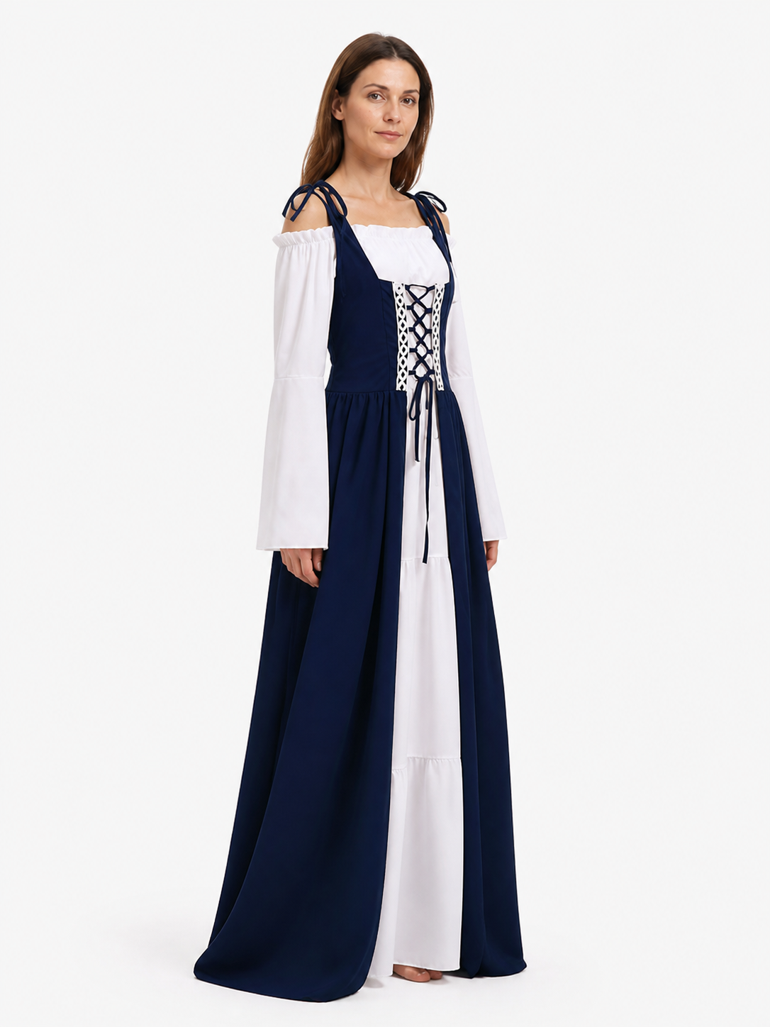 Medieval Dress with White Lacing, Blue and White, S–3XL side view