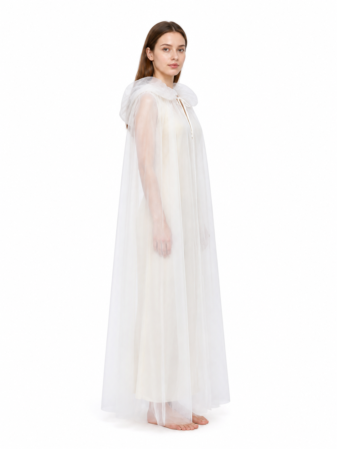Long Semi-Transparent White Hooded Cape side view
