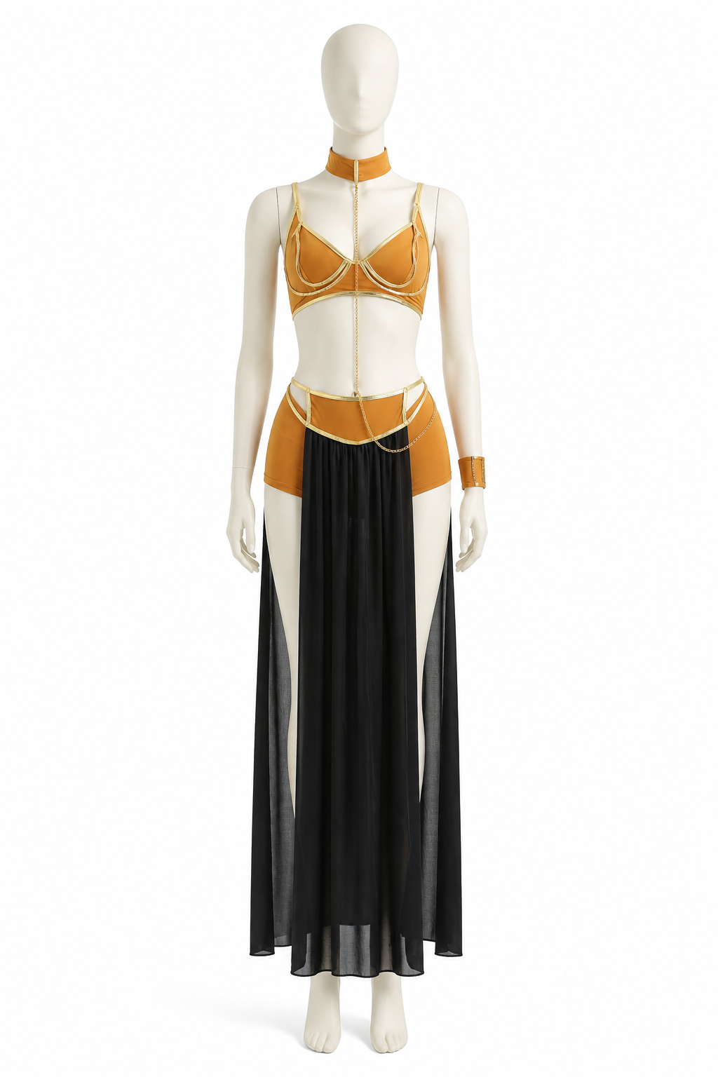 Cleopatra Costume with Gold Chains and Black Skirt side view