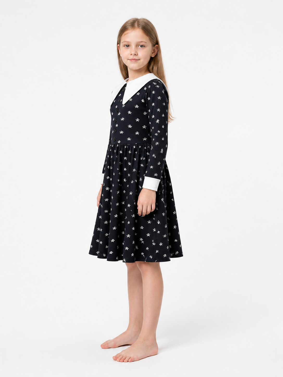 Children's Carnival Dress with Skulls and a White Collar side view