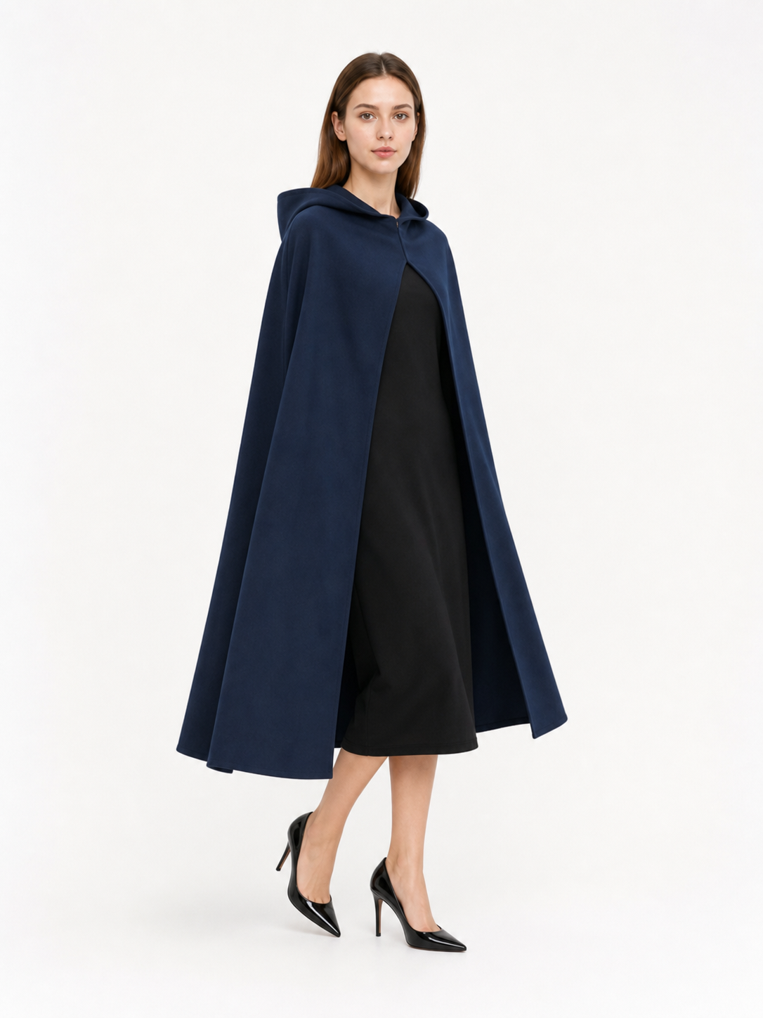 Halloween Costume Women Medieval Hooded Cape, Dark Blue Long with Front Clasp