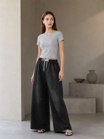 Solid Black Wide-Leg Pants with Elastic Waist and Contrast White Drawstrings side view 3