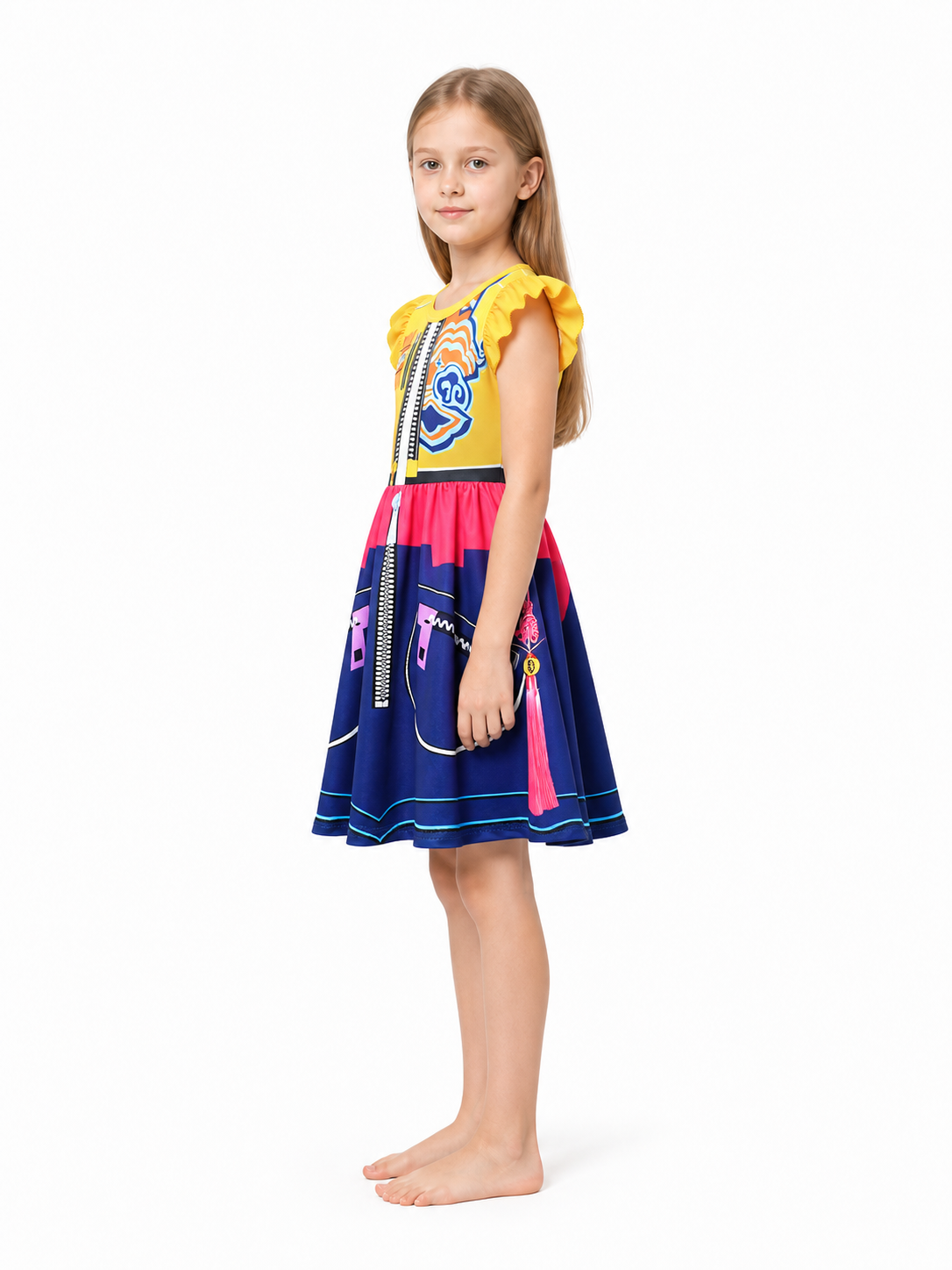 Colorful Children's Dress with Lightning Print and Ruffles