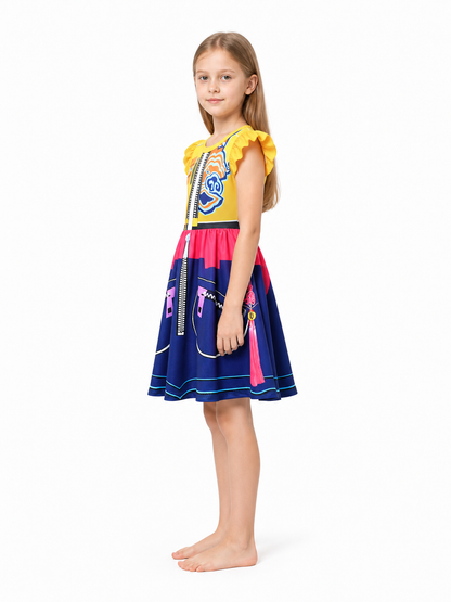 Colorful Children's Dress with Lightning Print and Ruffles