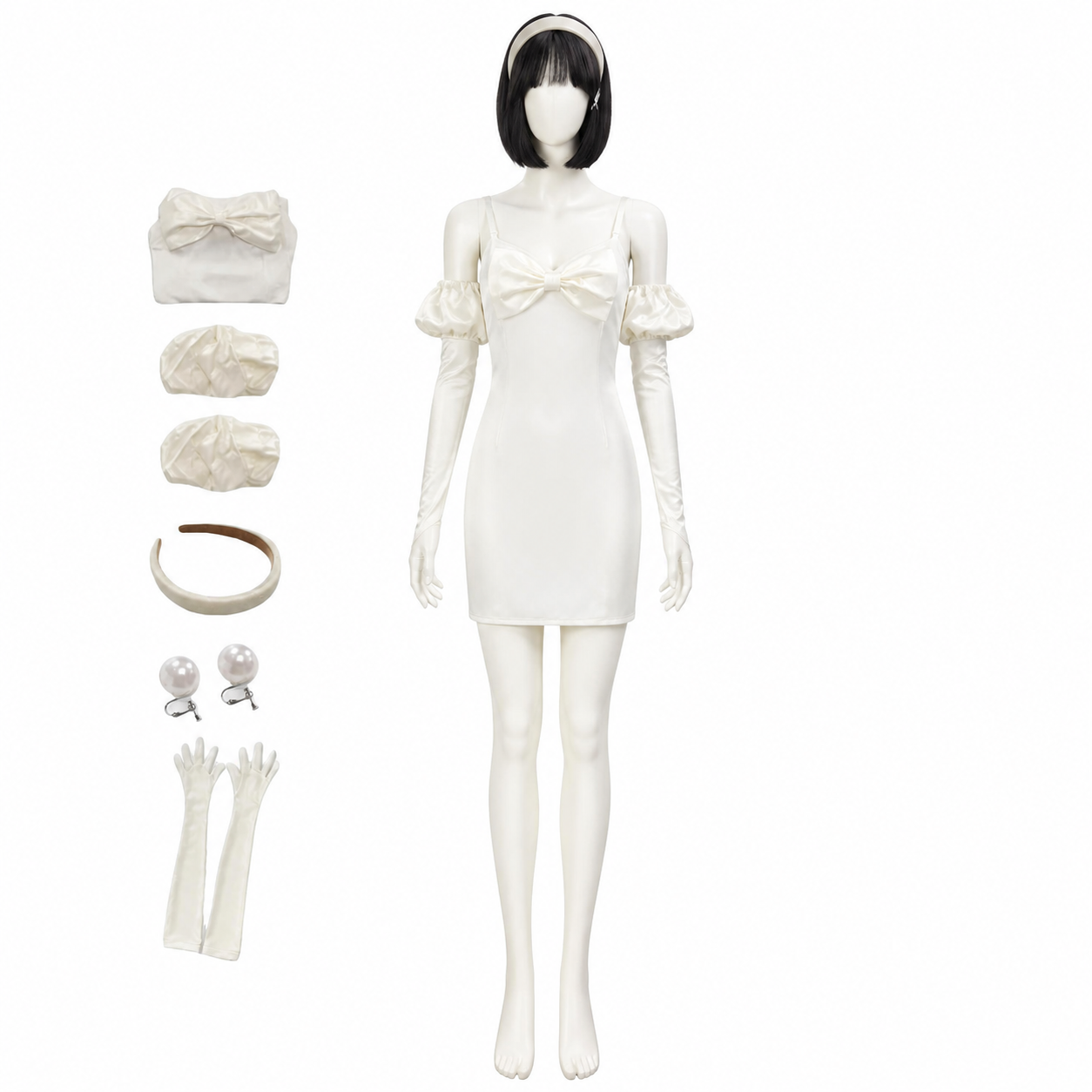 Cosplay Costume White Dress with Bow and Black Wig side view