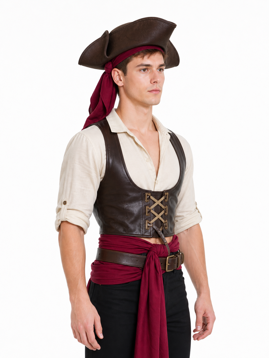 This carnival headpiece is made in a pirate style and is suitable for costume parties, themed events, Halloween, masquerades, stage looks, cosplay, and photo shoots. Its tricorn silhouette, raised curved brims, and dark brown textured surfa