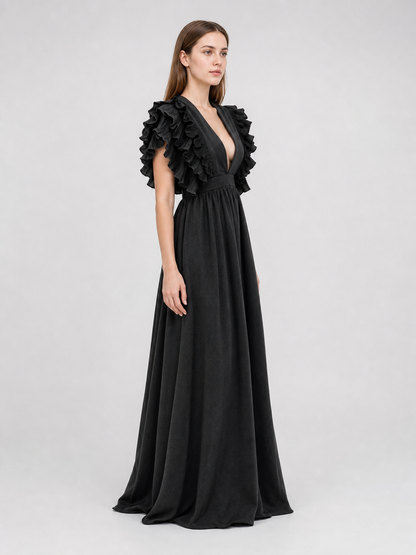 Floor-Length Evening Dress with a Deep V-Neckline
