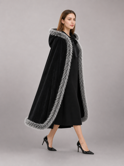 Black carnival cape with hood and shaggy trim