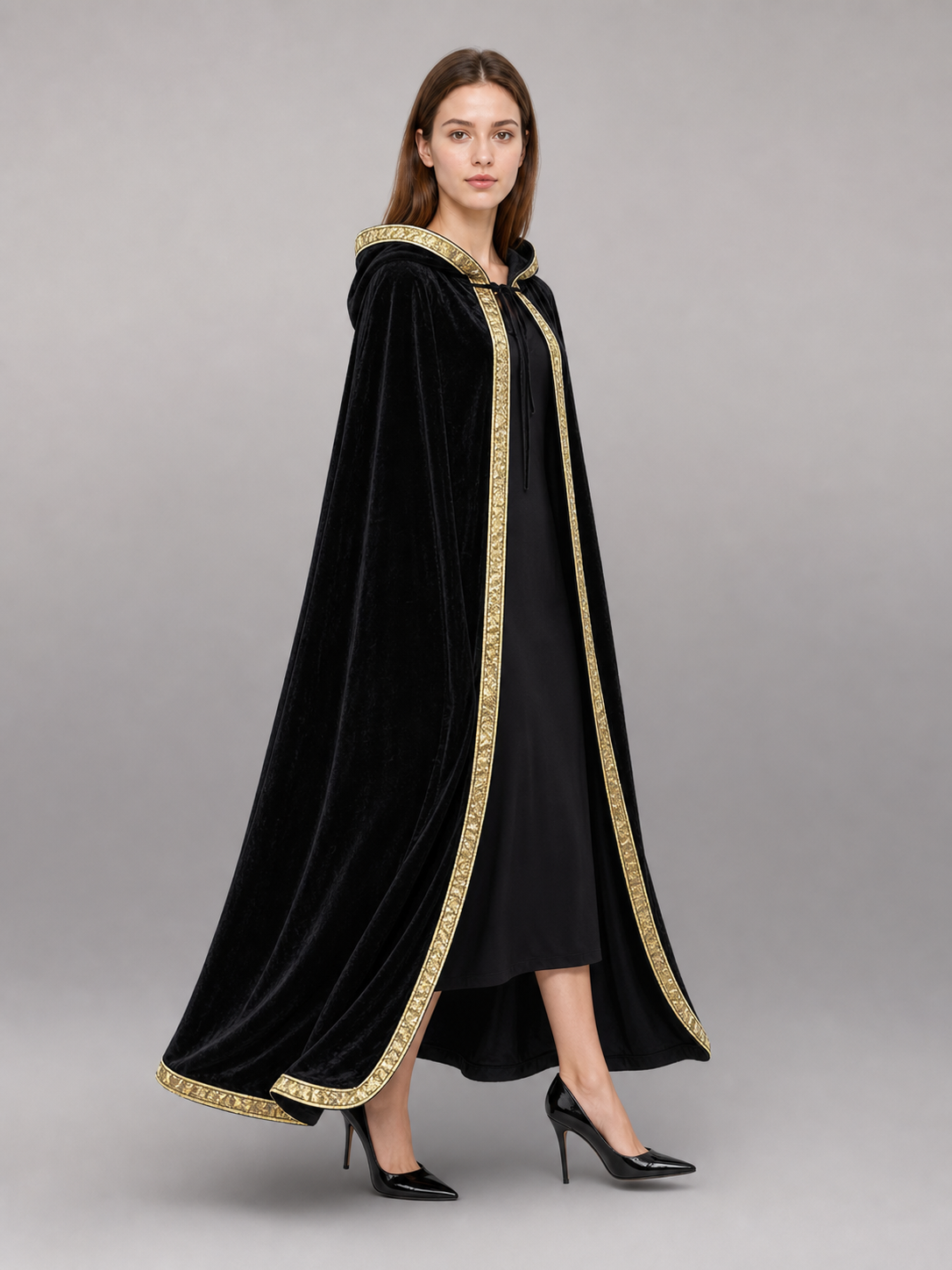 Black Carnival Cloak with Hood and Gold Trim