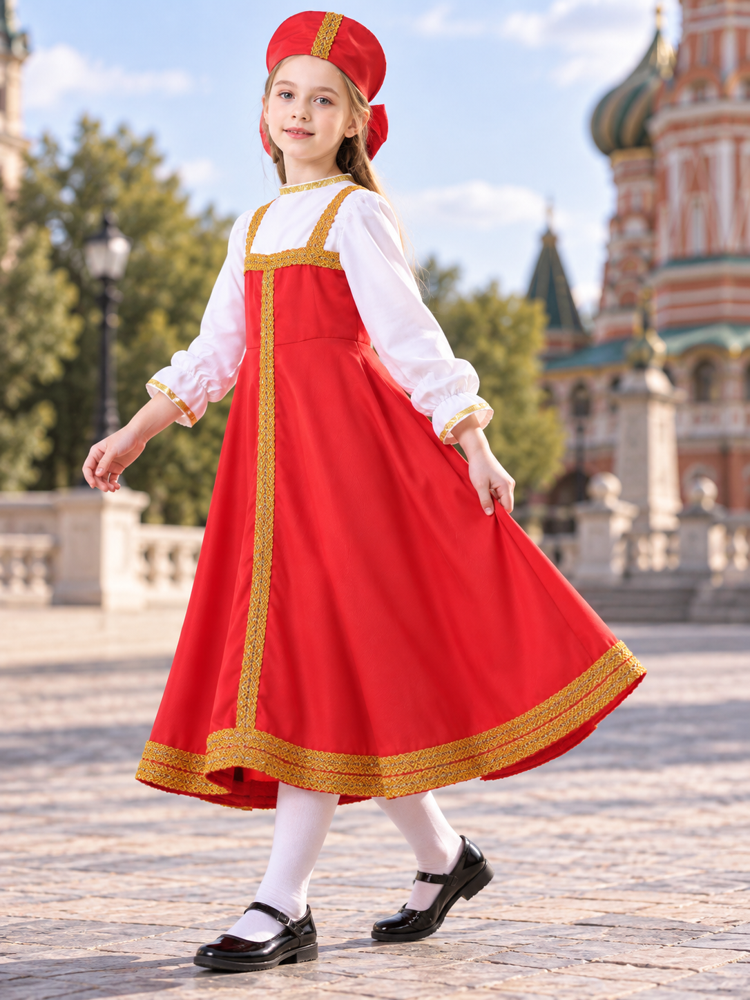 Red Folk Costume with Headpiece side view