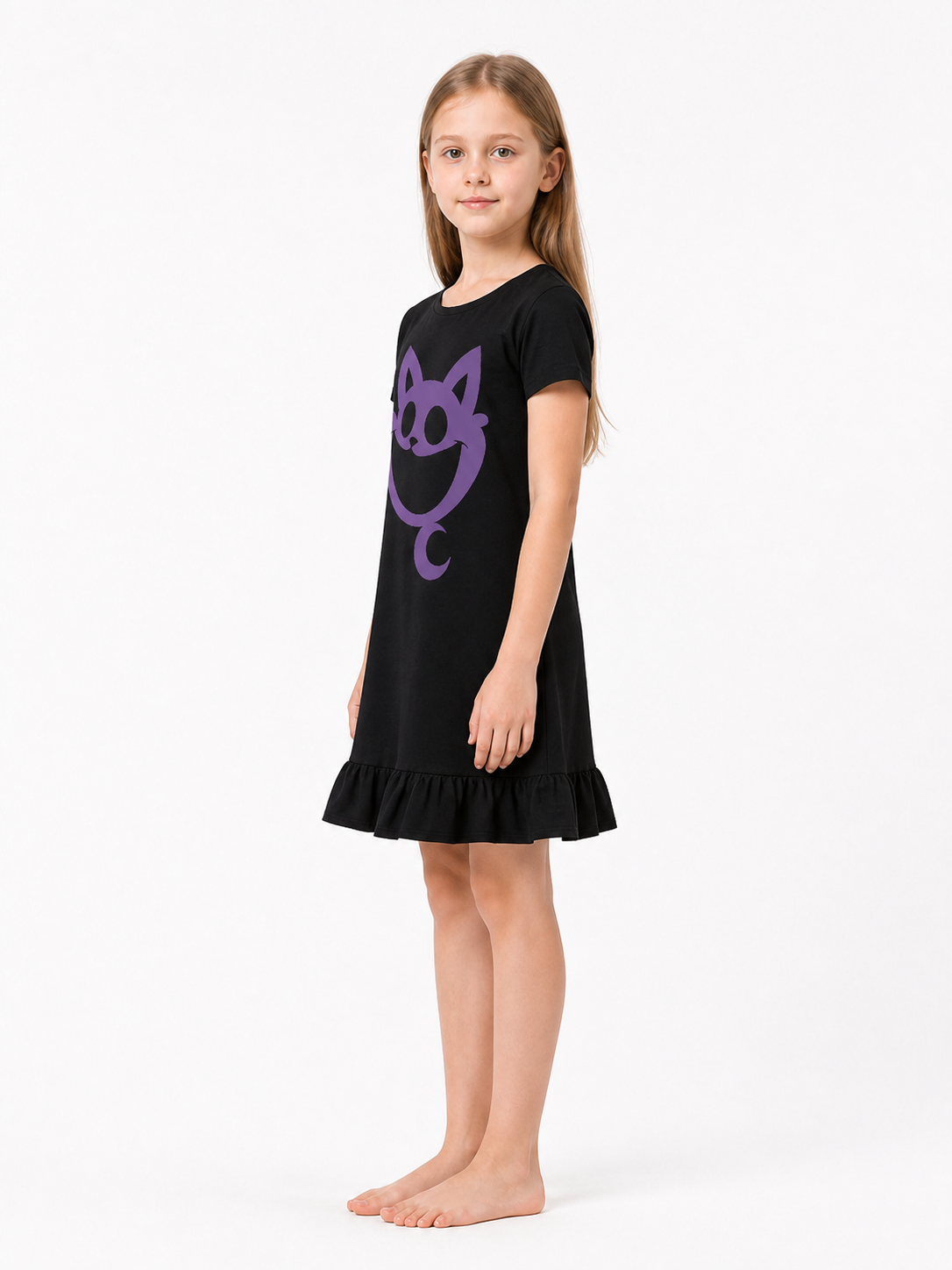 Black A-line Dress with Purple Cat and Ruffle side view