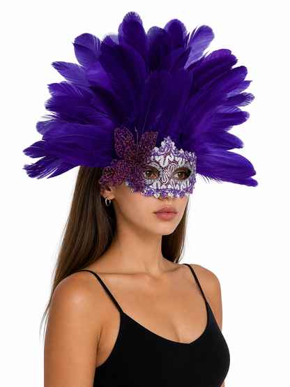 Carnival headdress with feathers and a mask