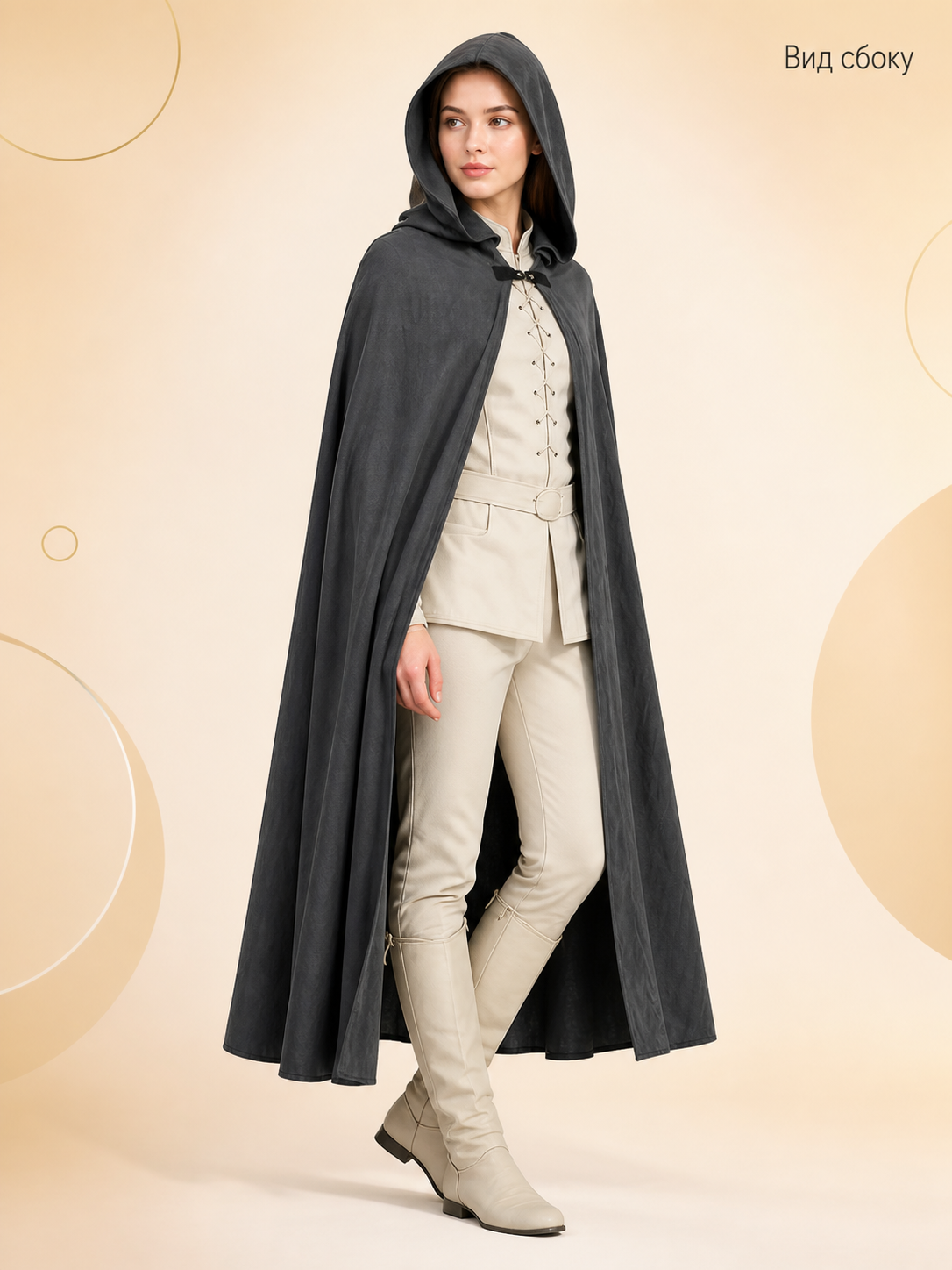 Adult Fantasy Hooded Cape, Long Dark Gray Cloak With Front Tie Closure, Wide side view
