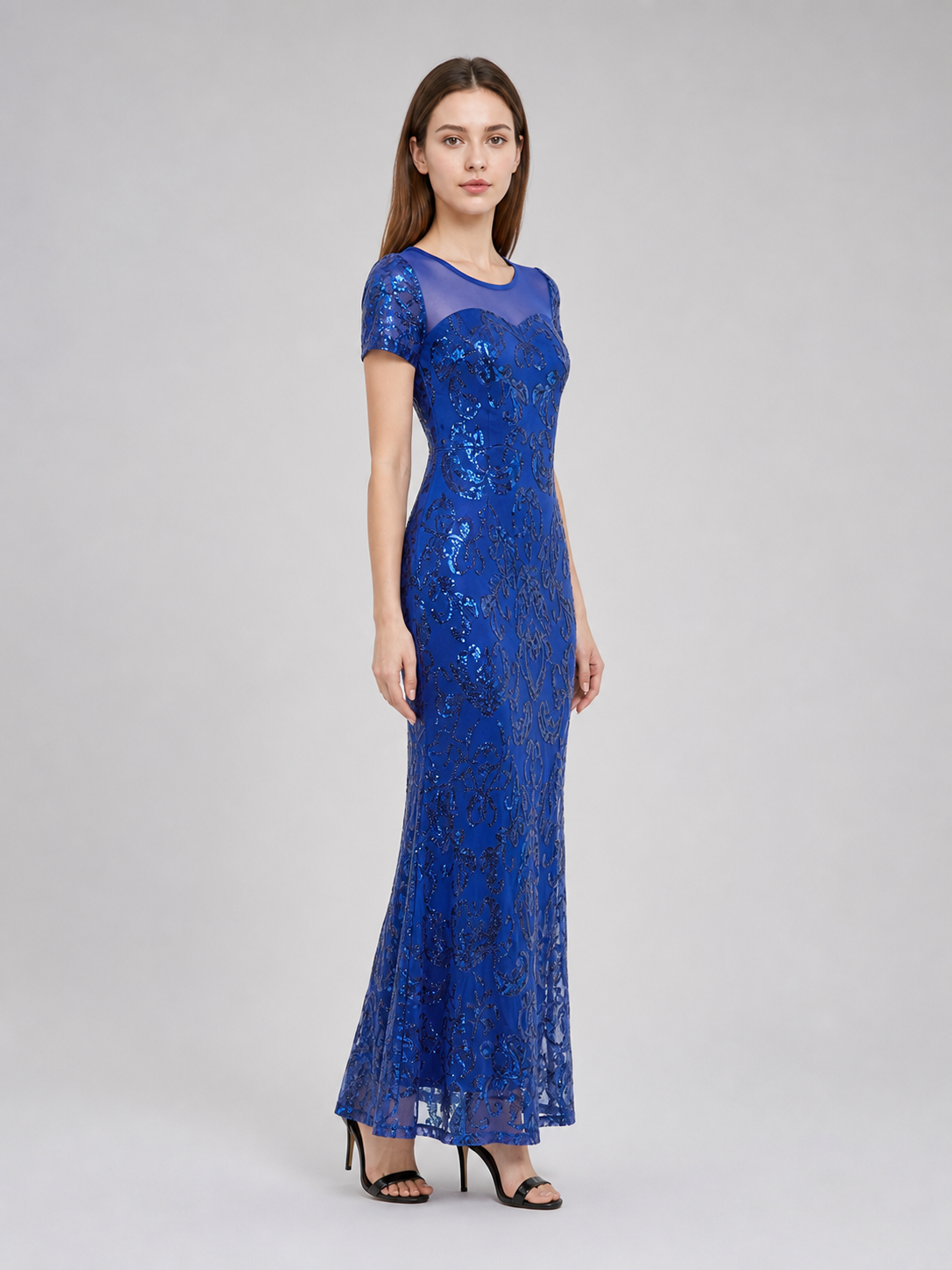 Long Evening Dress with Sequins and Pattern