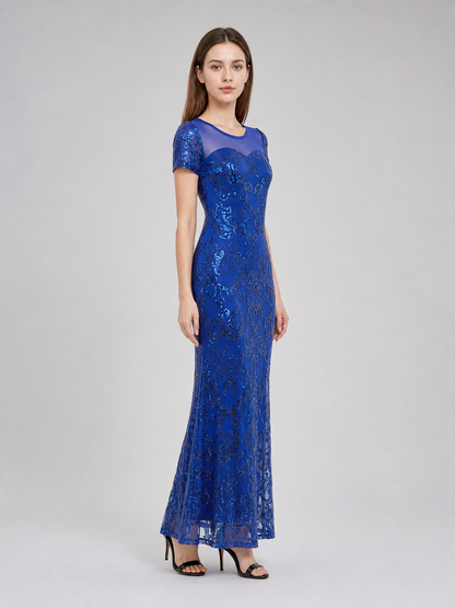 Long Evening Dress with Sequins and Pattern