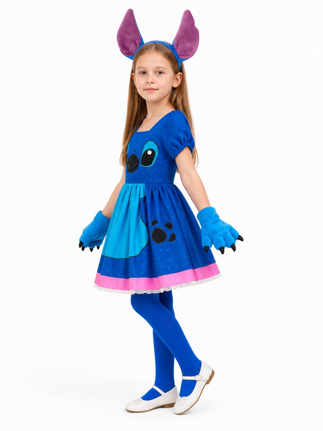 Children’s Stitch Costume with Blue Dress and Ears side view