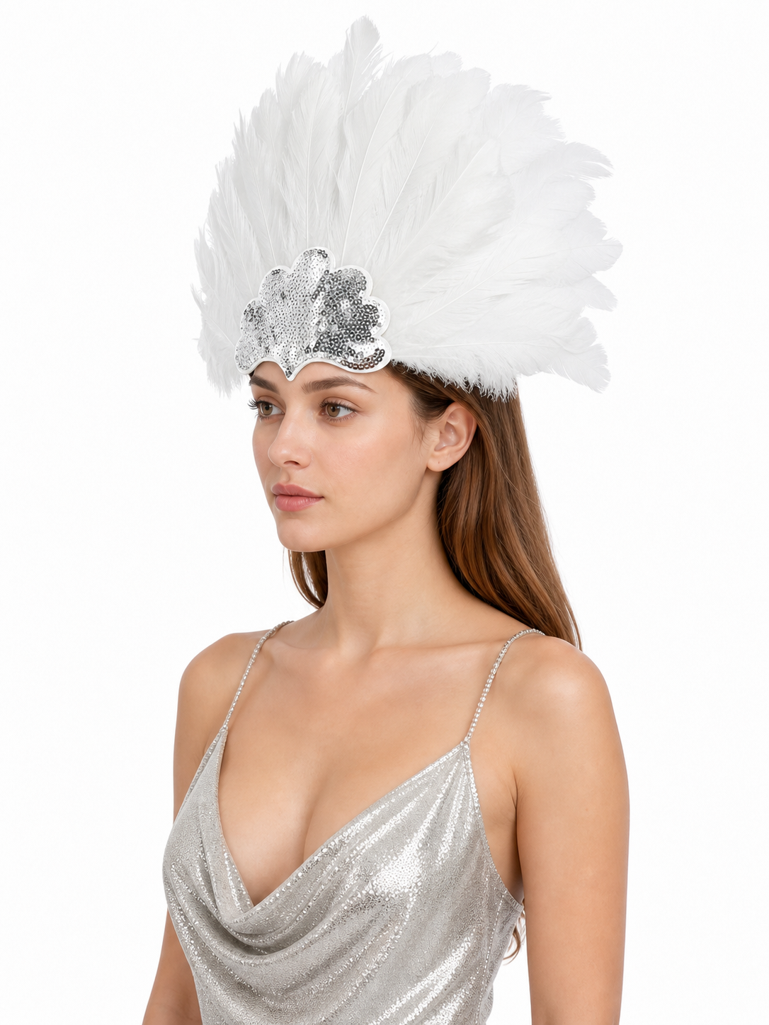 White Feather Carnival Headband with Silver Sequins product view 26